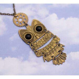Vintage Mid-century Antique Tone Necklace with Owl Pendant 30 Inches - S24